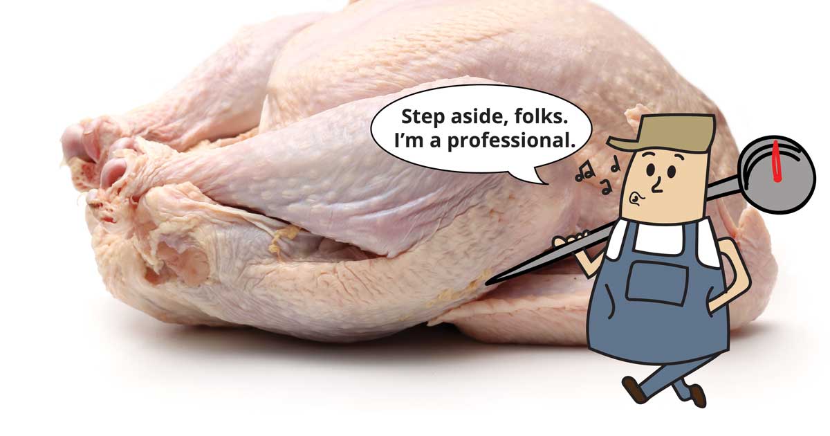A raw turkey on a white background. A little cartoon man holding a meat thermometer whistles a tune. Text bubble reads: Step aside, folks. I’m a professional.